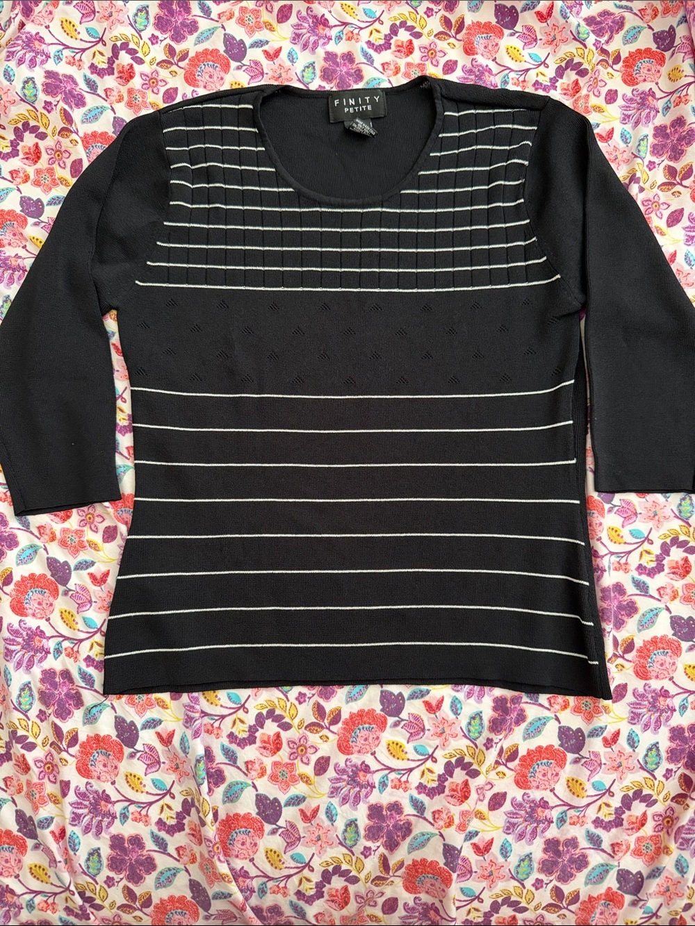 Finity Black Knit Long Sleeve Top with White Stripes